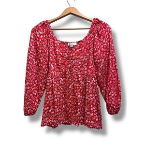 Vintage Y2K LOFT Hearts Pattern Red and White‎ Ruched Top 2